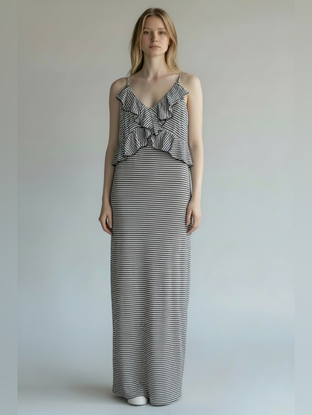 Max Studio Navy & White Striped Ruffle-Front Stretchy Maxi Dress